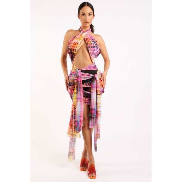 Women's Tie Front Halter Fashion Dress Multi-Color Polyester/Spandex - Picture 2 of 11